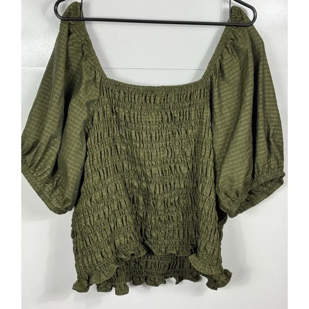 Old Navy Smocked Peasant‎ Top Womens XXL Olive Puff Sleeve Boho Blouse